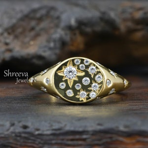 14k Gold North Star Signet Ring Gold Compass Signet Ring Celestial Moissanite Ring For Her Vintage Star Engraved Ring Polaris Signet Ring
