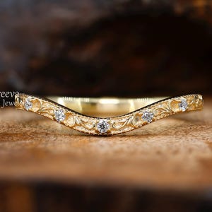 Moissanite Curved Floral Engraved Wedding Band 14K Gold Vintage Wedding Band Stackable Promise Band For Women Anniversary Gifts For Her