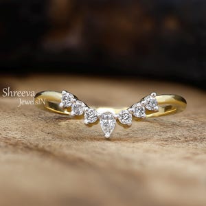 Curved Wedding Moissanite Band 14K Solid Gold Wedding Band Stackable Anniversary Gift Band Contour Half Eternity Art Deco Wedding Band