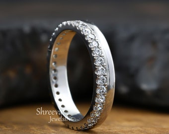 Moissanite Wedding Band Women One Side Pave Set Band Full Eternity Stacking Ring Wide Plain Gold Ring Diamond Anniversary Ring For Women