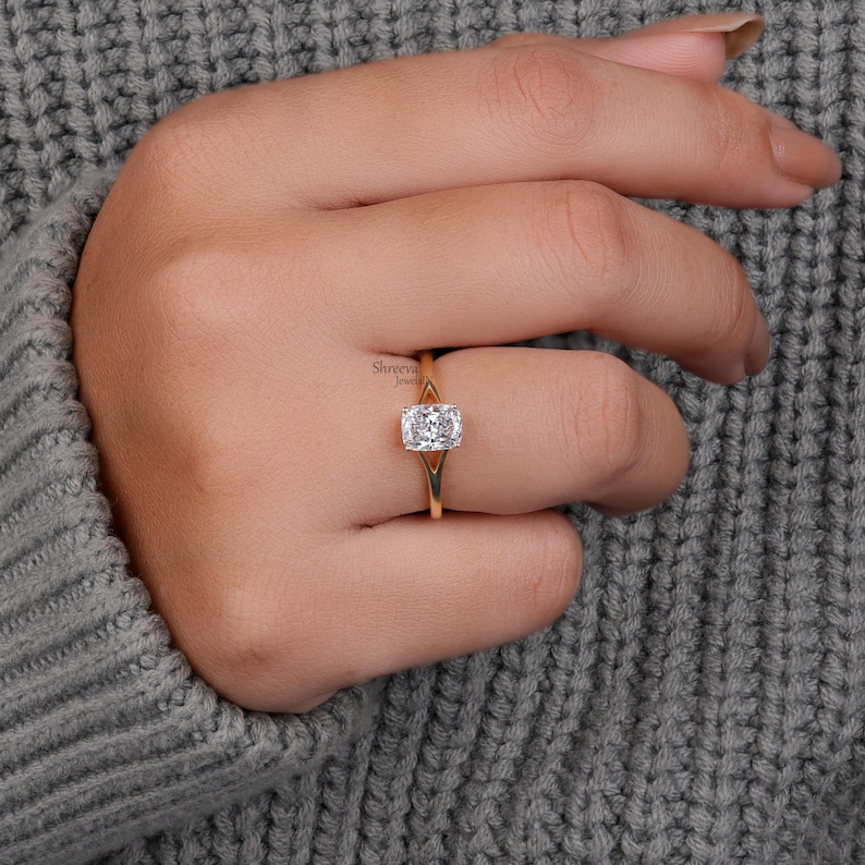 Cushion Cut Moissanite Split Shank Ring 14K Gold Engagement Ring ...