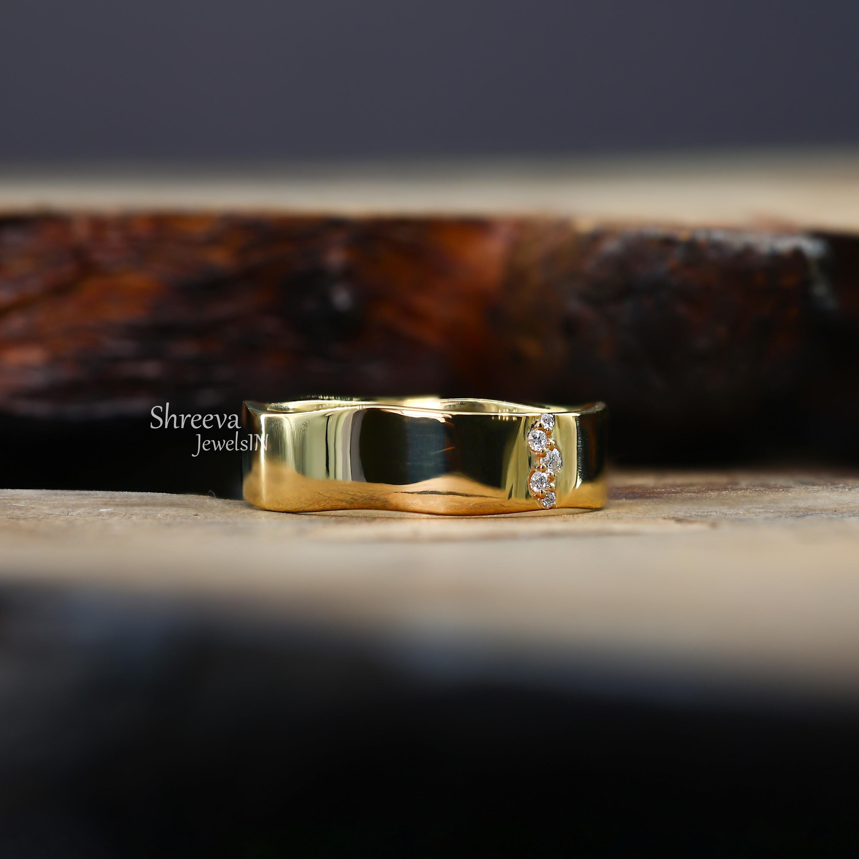 14k Solid Gold Wavy Moissanite Wedding Band Line Pave Ring Unique Minimalist Diamond Cluster Band Wide Gold Band His - Her Wedding Band
