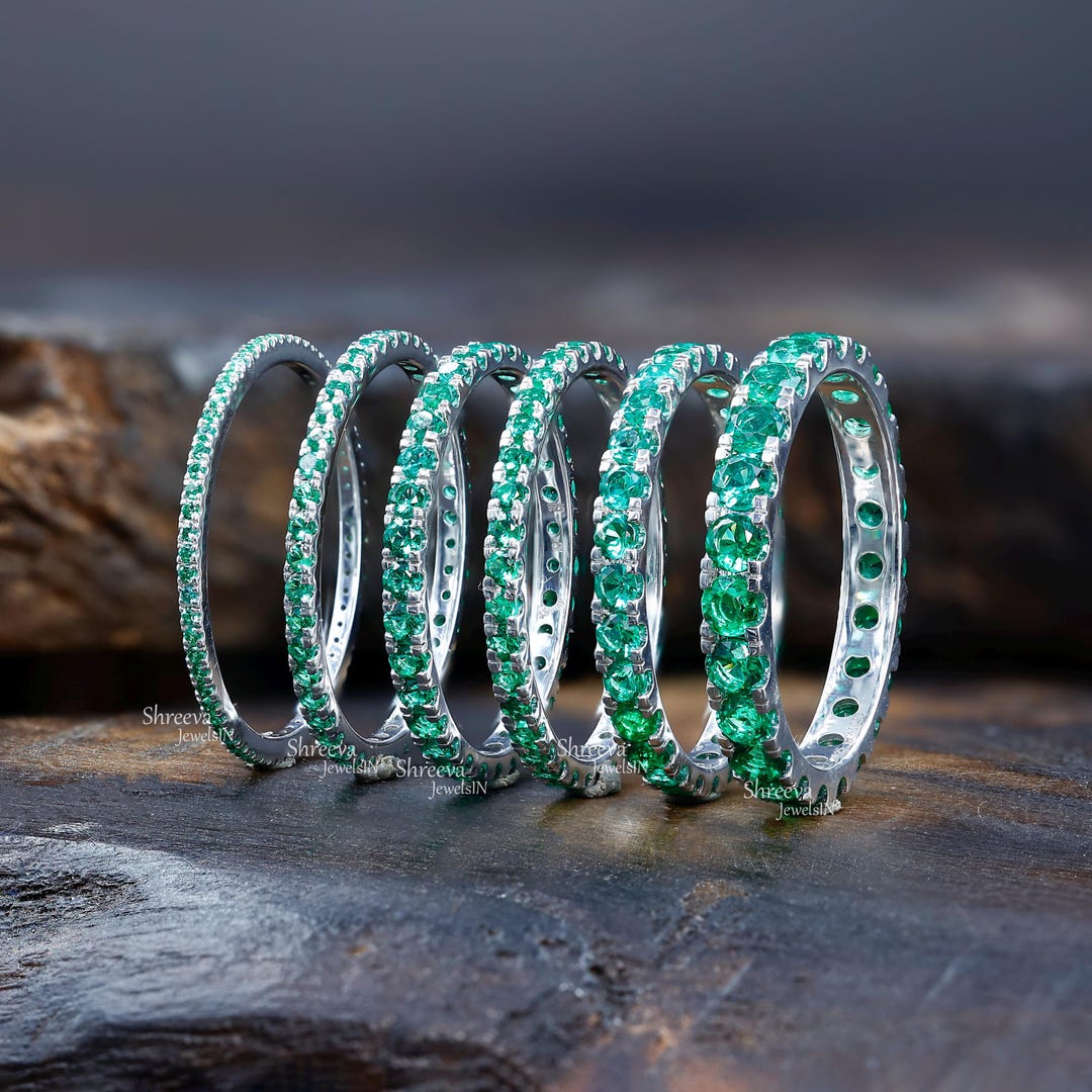 14K Gold Round Cut Natural Emerald Full Eternity Wedding Band May ...