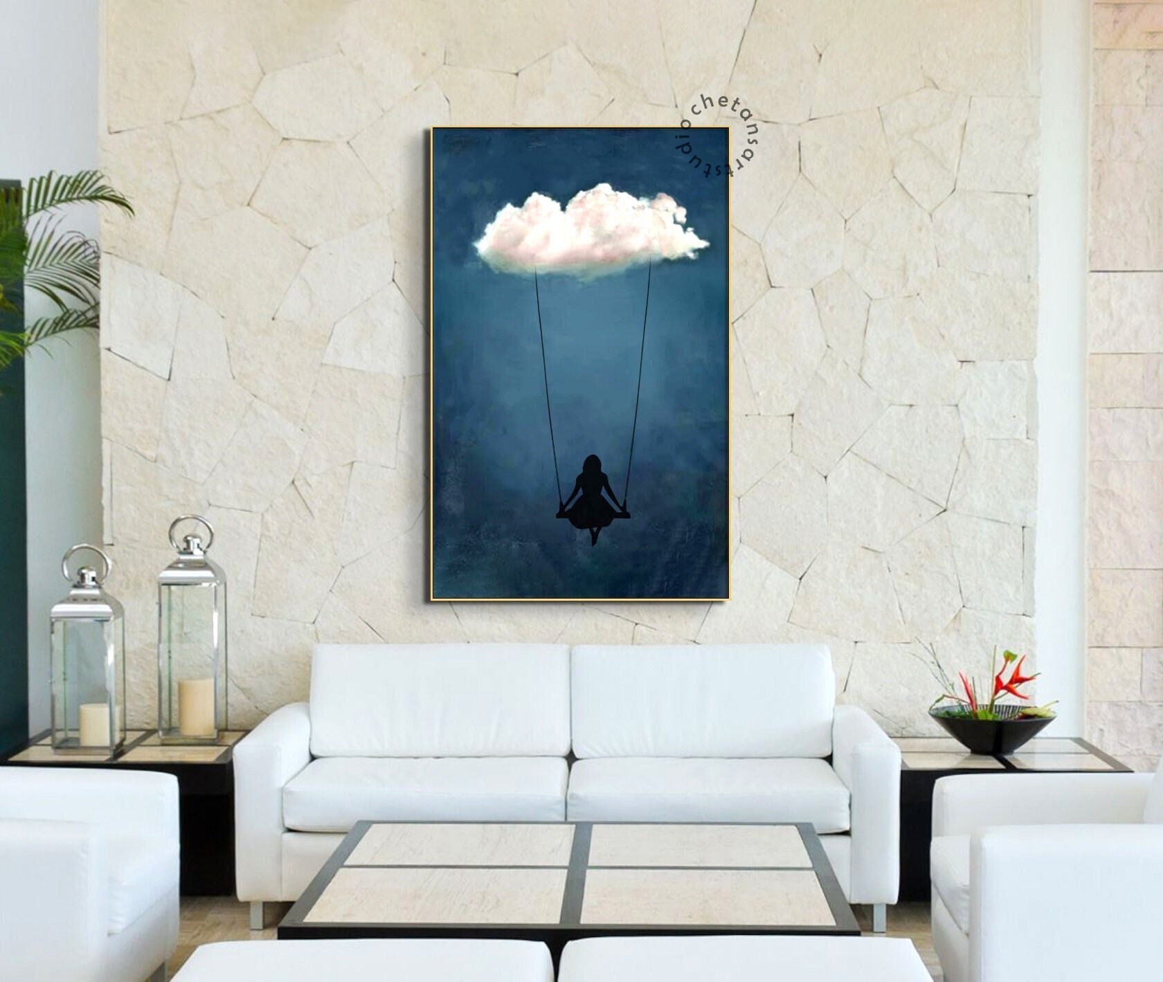 Large White Cloud Wall Art Cloudy Sky Painting Vintage Blue - Etsy