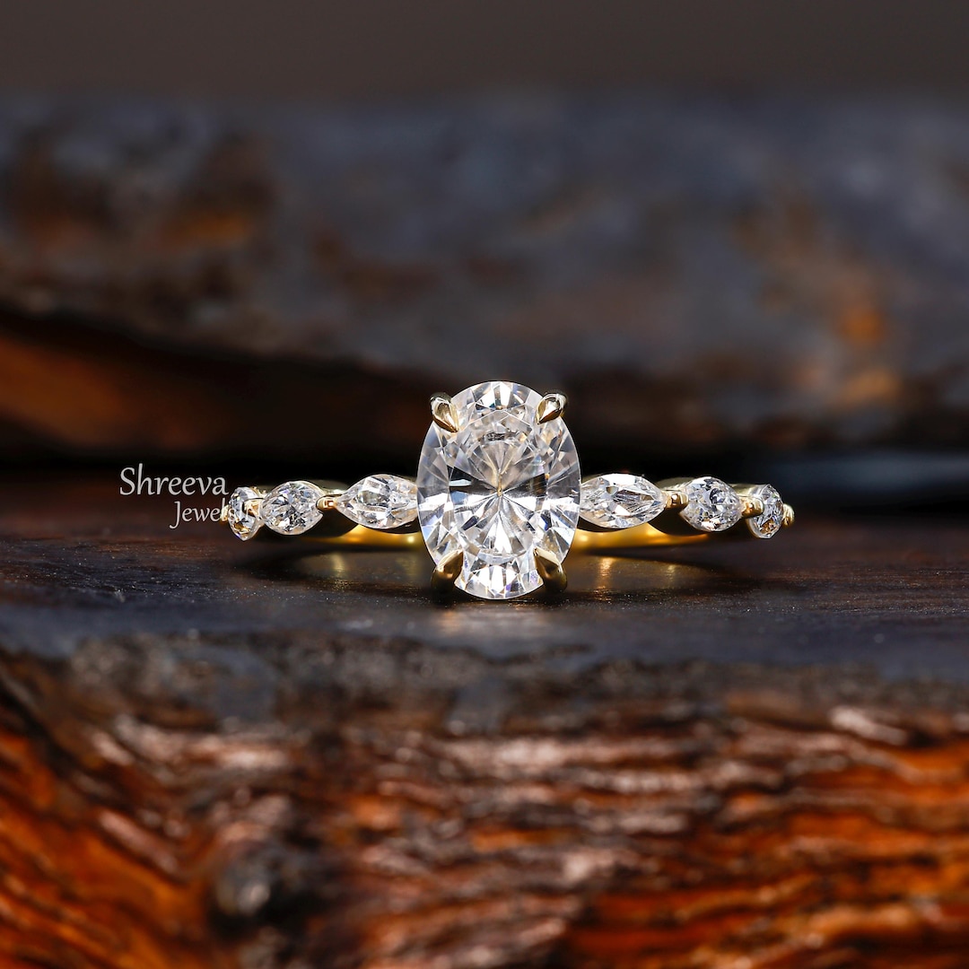 Oval Moissanite Solitaire Engagement Ring Marquise Side Stone Gold ...