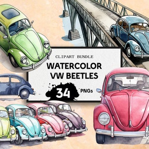 Whimsical Watercolour Clipart VW Beetles, Various Colours, 34x, Fully Transparent PNGs, Instant Digital Download, Full Commerical Rights image 1