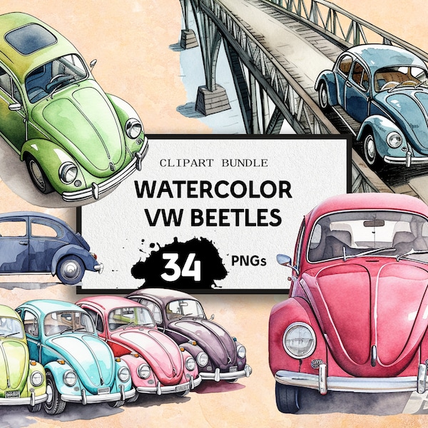 Whimsical Watercolour Clipart VW Beetles, Various Colours, 34x, Fully Transparent PNGs, Instant Digital Download, Full Commerical Rights