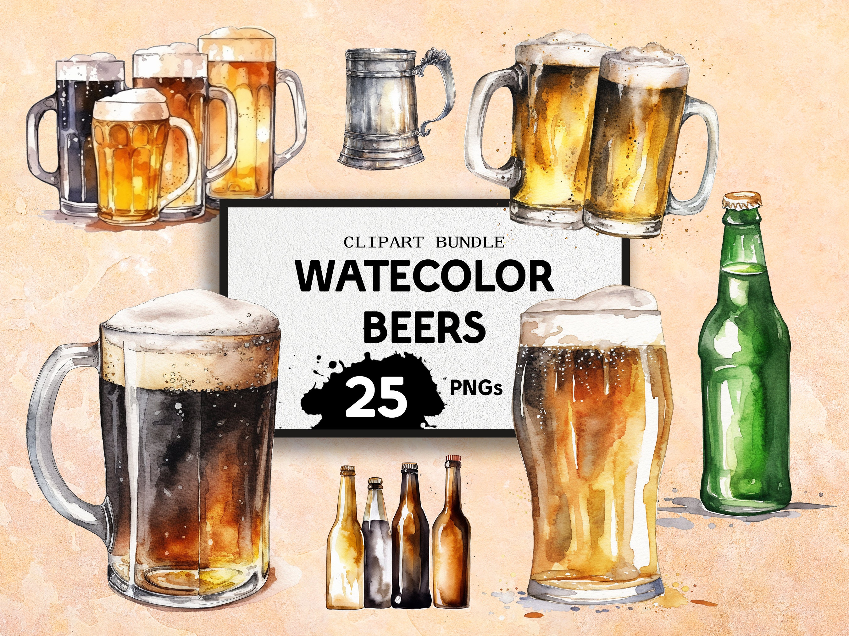 Watercolor Beer Bottles and Pints Lager and Ale Clipart Fully Transparent Pngs, Instant Digital