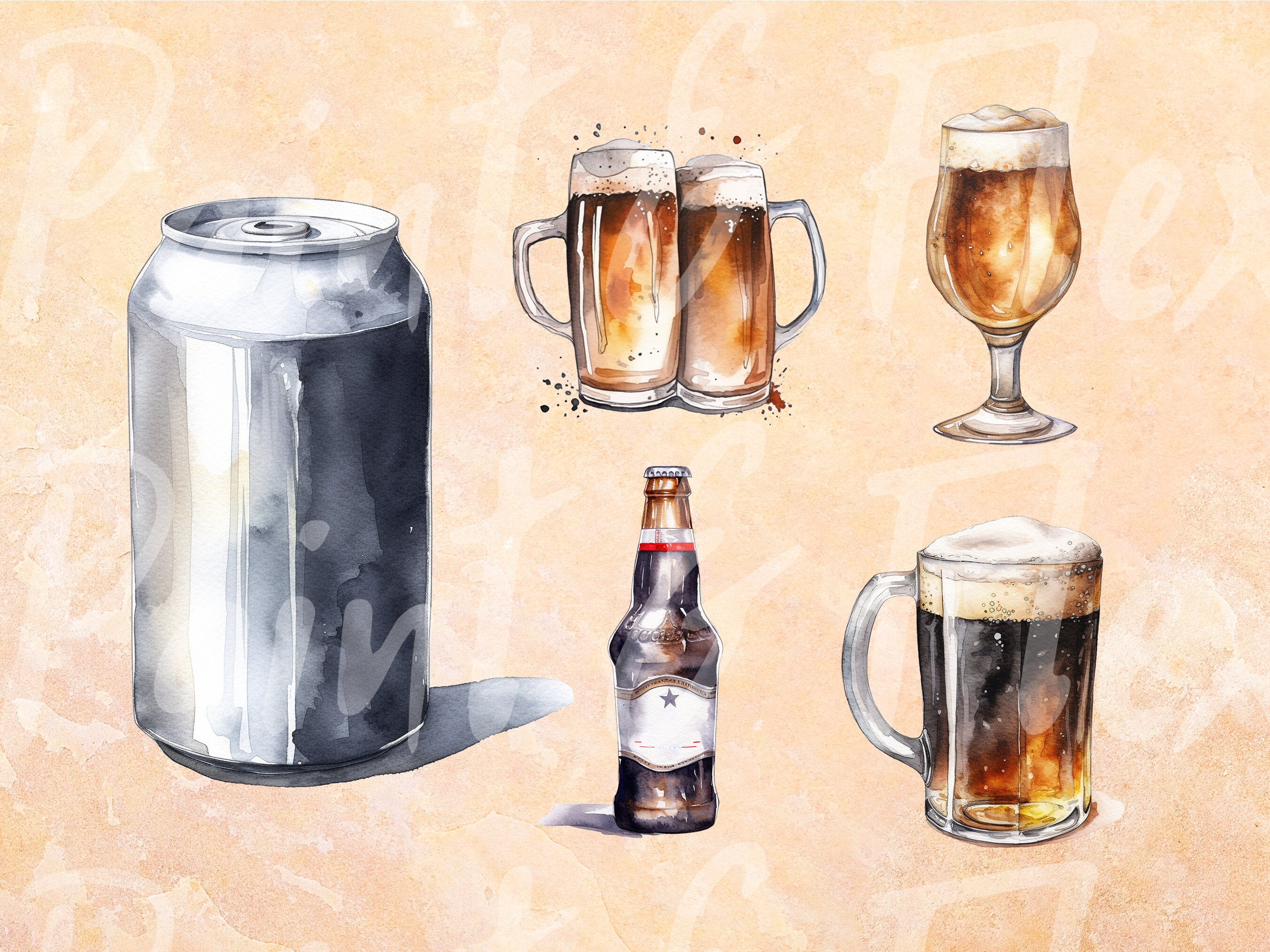 Watercolor Beer Bottles and Pints Lager and Ale Clipart Fully