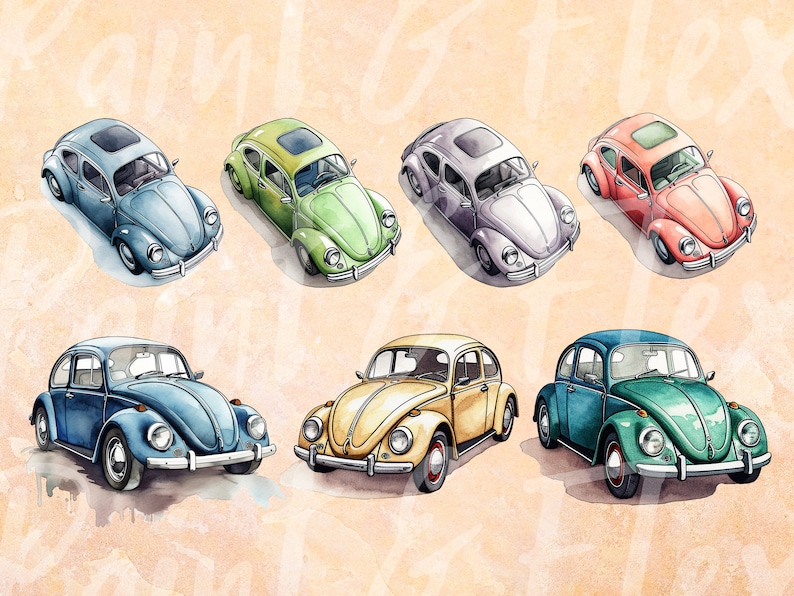 Whimsical Watercolour Clipart VW Beetles, Various Colours, 34x, Fully Transparent PNGs, Instant Digital Download, Full Commerical Rights image 9