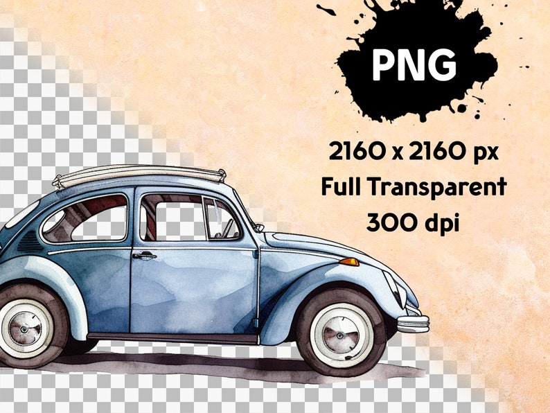 Whimsical Watercolour Clipart VW Beetles, Various Colours, 34x, Fully Transparent PNGs, Instant Digital Download, Full Commerical Rights image 2