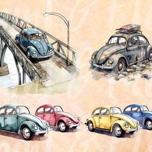 Whimsical Watercolour Clipart VW Beetles, Various Colours, 34x, Fully Transparent PNGs, Instant Digital Download, Full Commerical Rights image 4