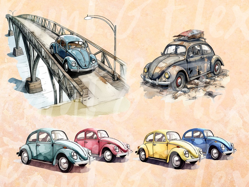 Whimsical Watercolour Clipart VW Beetles, Various Colours, 34x, Fully Transparent PNGs, Instant Digital Download, Full Commerical Rights image 4