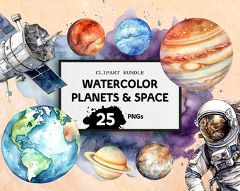 Clipart Planets, Solar System Watercolor, Earth, Mars, Saturn, Pluto! Transparent Space Images, Digital Download & Commerical Rights