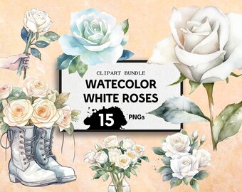 White Rose Clipart Bouquet Watercolor Flowers in Vases Jars Boots Transparent PNG Images Digital Download and Full Commercial Rights