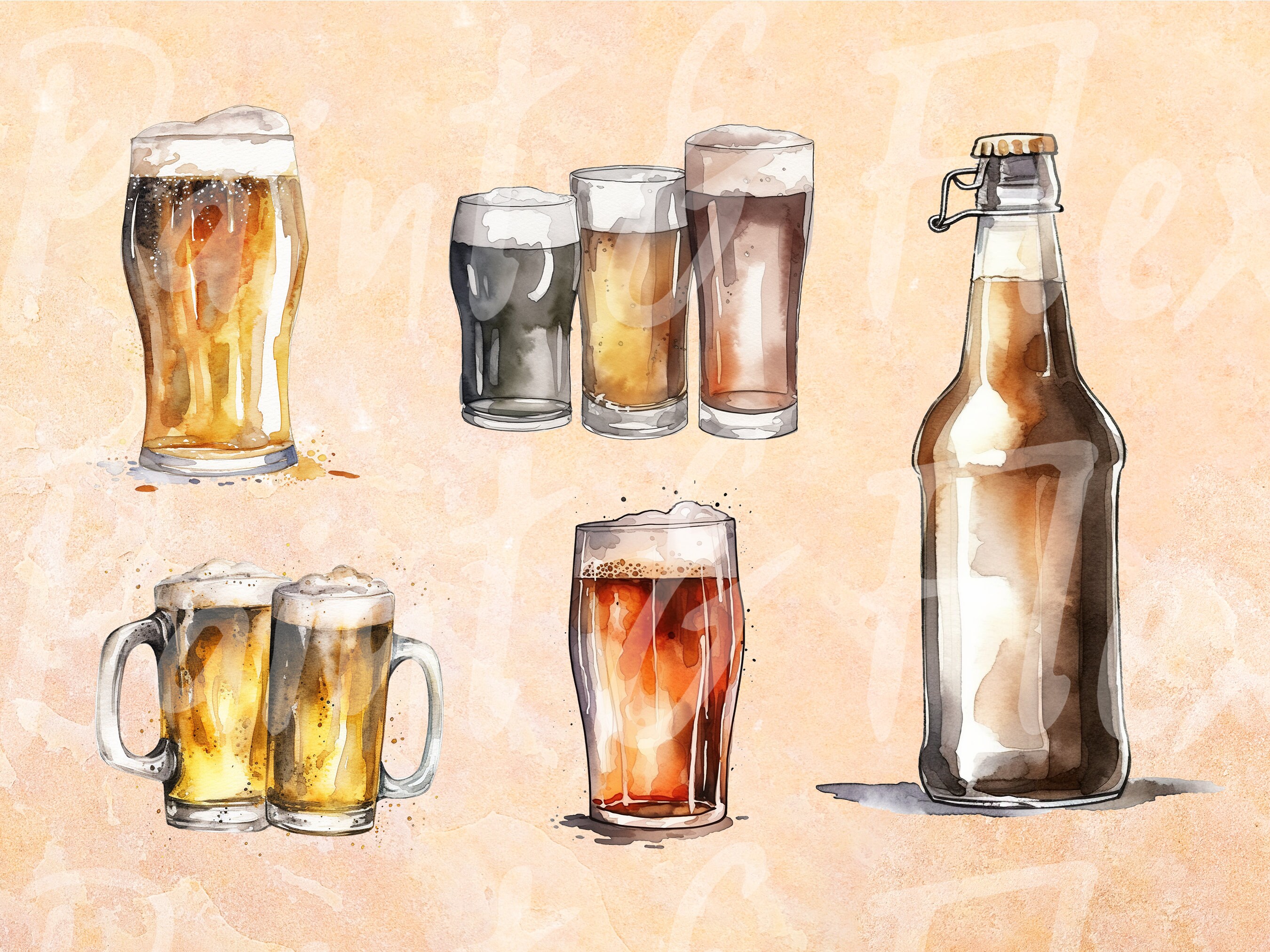 Watercolor Beer Bottles and Pints Lager and Ale Clipart Fully Transparent Pngs, Instant Digital