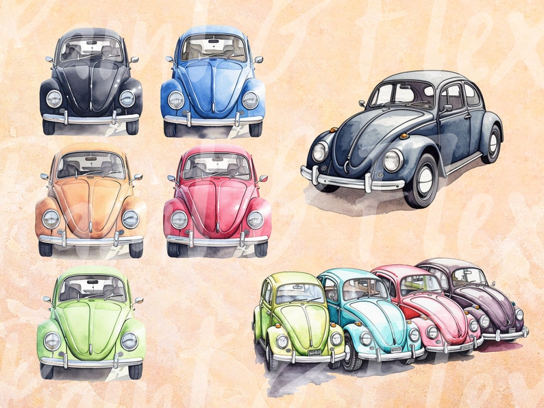 Whimsical Watercolour Clipart VW Beetles, Various Colours, 34x, Fully Transparent PNGs, Instant Digital Download, Full Commerical Rights image 7