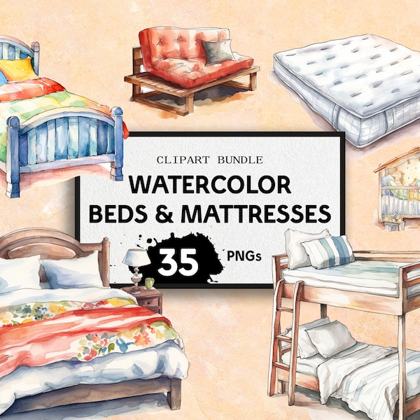 Watercolor Beds, Double, Single, Queen, King, Cribs, Air Mattresses, Futons, Clipart PNGs, Art, Fully Transparent, Commercial Rights, Paint