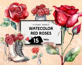 Red Rose Clipart Bouquet Watercolor Flowers in Vases Jars Boots Transparent PNG Images Digital Download and Full Commercial Rights