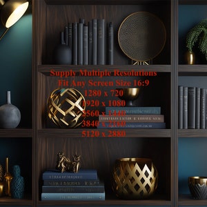 Peut inclure: Une bibliothèque en bois foncé avec des objets décoratifs dorés et noirs. La bibliothèque a trois étagères avec une variété d'articles, y compris des vases, des livres et une plante. Le texte sur l'étagère indique "Supply Multiple Resolutions Fit Any Screen Size 16:9 1280 x 720 1920 x 1080 560 x 1080 3840 x 2160 5120 x 2880".