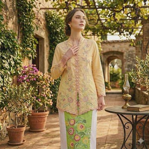Peut inclure: Une blouse jaune à manches longues avec broderies florales et col mandarin. Elle est associée à une jupe blanche et verte à motifs floraux. La tenue est portée à l'extérieur, entourée de verdure et de plantes en pot.