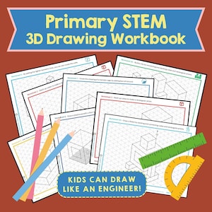 Puede incluir: Un libro de trabajo para que los niños aprendan a dibujar en 3D con un fondo cuadriculado. El libro de trabajo tiene el título "Primary STEM 3D Drawing Workbook" y el texto "Kids Can Draw Like An Engineer!" La imagen muestra un transportador y una regla.