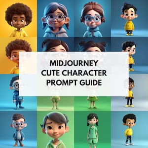 May include: A collage of 18 images featuring cartoon characters in various poses and outfits. The characters are all children with different hair colors, skin tones, and clothing styles. The text "MIDJOURNEY CUTE CHARACTER PROMPT GUIDE" is displayed in the center of the collage.