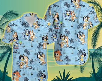 Blue Dog Summer Family Hawaiian Shirt, Blue Dog and Bingo Beach Hawaiian Shirt , Fathers' Gift Shirt, Blue Dog Family Shirt, Dad Shirt