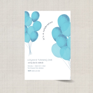 Minimal Balloon Invitation Template | Editable Party Invitation | Light Blue Balloons Birthday Invite | Any Age | Editable Digital Download