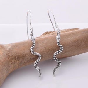 May include: A pair of silver snake dangle earrings. The snakes are detailed with a textured pattern and have a simple hook closure.