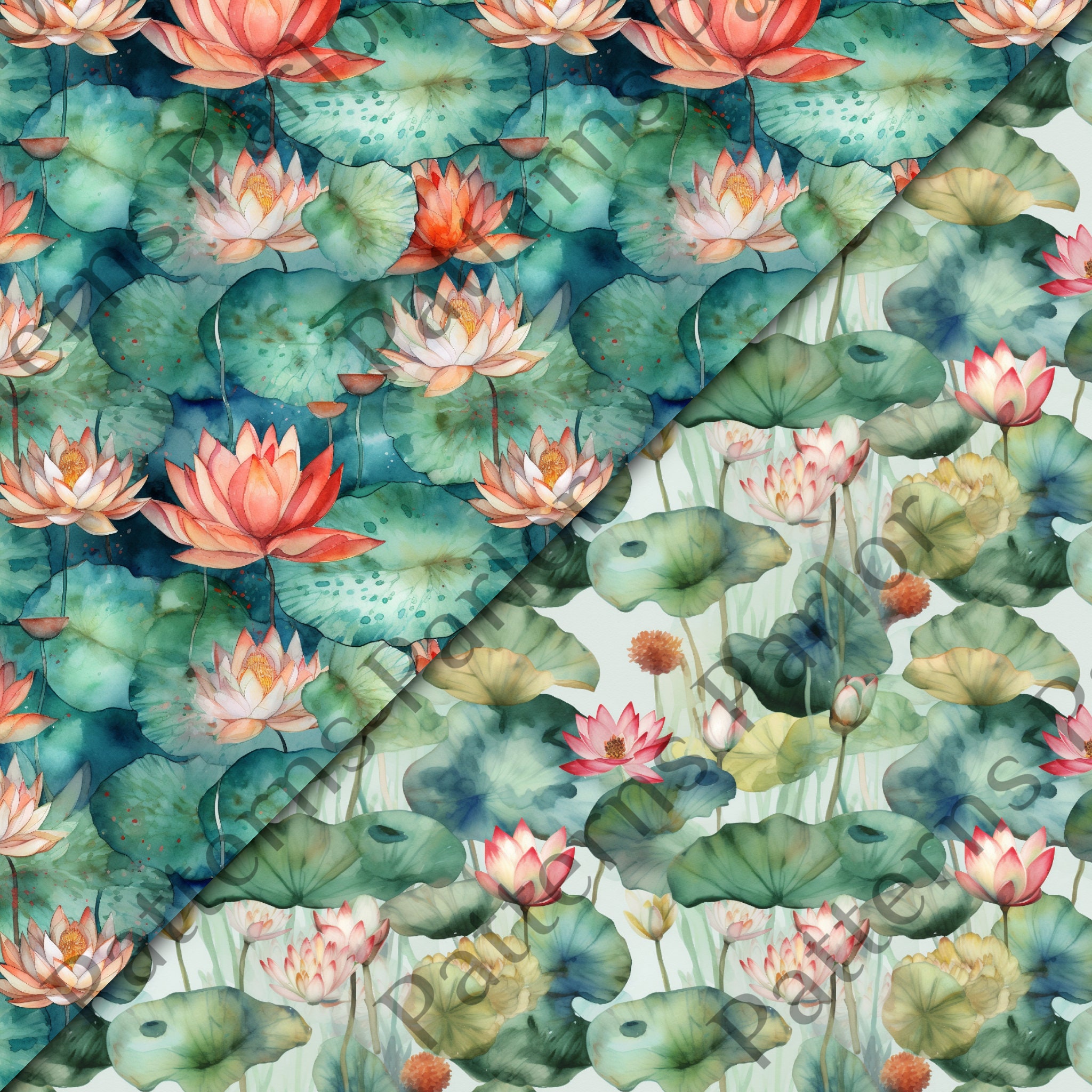 10 Watercolor Water Lily Seamless Pattern, Digital Paper Bundle - Etsy
