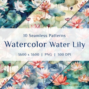 10 Watercolor Water Lily Seamless Pattern, Digital Paper Bundle