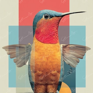 Geometric Hummingbird Art Print, Colorful Bird Poster, Modern Wall Decor
