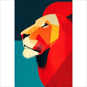 Geometric Lion Wall Art, Bold Colors Print, Modern Animal Art Decor, Abstract Lion Poster, Minimalist Lion Artwork, Colorful Lion Gift