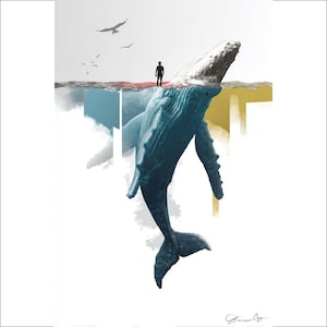 Whale Rider Wall Art, Humpback Whale Print, Ocean Art Print, Man and Whale Art, Surreal Ocean Wall Decor, Coastal Home Art, Whale Art