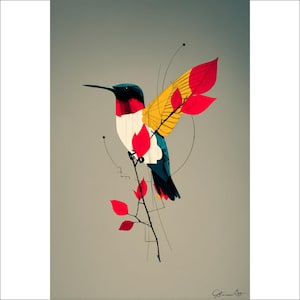 Hummingbird Wall Art, Colorful Bird Art, Modern Bird Print, Floral Bird Decor, Hummingbird Lover Gift, Contemporary Wall Decor