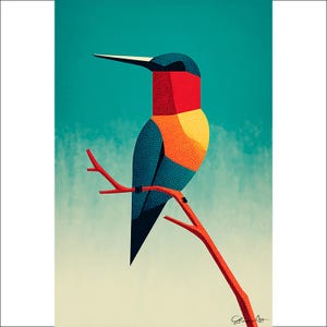Colorful Hummingbird Wall Art, Modern Bird Art Print, Geometric Wall Decor, Nature Inspired Art, Bird on Branch Painting