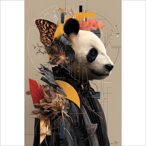 Panda Wall Art, Animal Portrait, Abstract Panda Bear Print, Butterfly Wing, Fashionable Panda, Modern Animal Wall Decor, Cute Panda Artwork