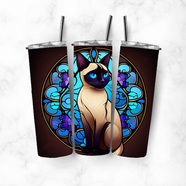 Siamese Cat Stained Glass 20 oz Skinny Tumbler Sublimation Design, Instant Digital Download PNG, Cat Lover Straight & Tapered Tumbler Wrap