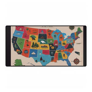 Tapis de bureau carte des États-Unis vintage - décoration de bureau colorée, tapis de souris pour gamer, cadeau éducatif, accessoire de bureau à domicile, organisateur de bureau