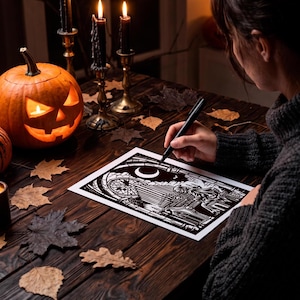 May include: A black ink pen held over a white paper featuring a detailed black and white illustration of a skeleton playing a pipe organ under a crescent moon, set on a dark wooden table with a lit jack-o'-lantern and black candles.