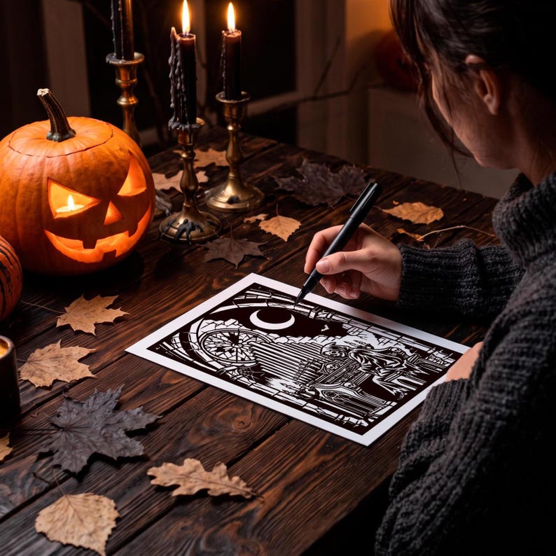 May include: A black ink pen held over a white paper featuring a detailed black and white illustration of a skeleton playing a pipe organ under a crescent moon, set on a dark wooden table with a lit jack-o'-lantern and black candles.