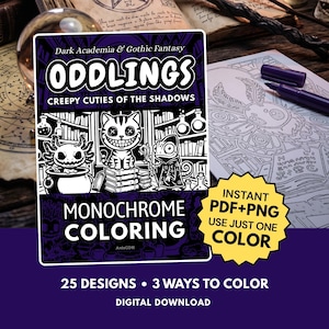 May include: A digital colouring book cover titled Oddlings Creepy Cuties of the Shadows featuring black and white illustrations of a cat, axolotl, and lizard in a library setting. The cover includes text indicating 25 designs and 3 ways to colour.