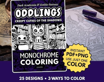 Oddlings Monochrome Coloring Book, Creepy Cuties, Dark Academia Gothic, One Color Stress Relief Printable PDF PNG (25 Designs)
