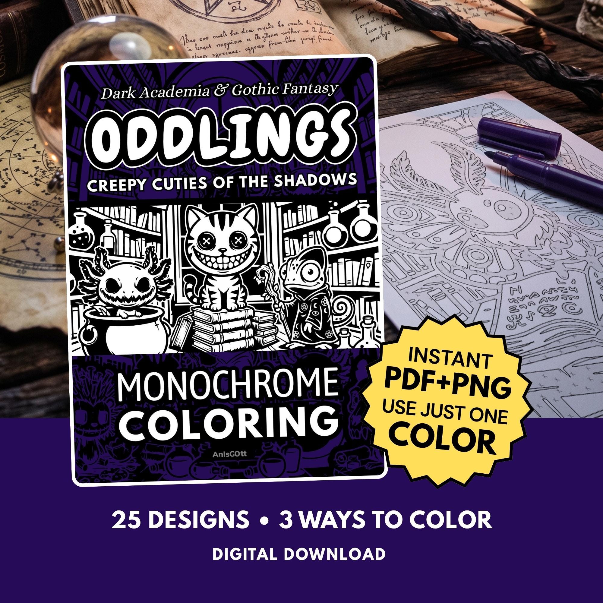 Oddlings Monochrome Coloring Book, Creepy Cuties, Dark Academia Gothic, One Color Stress Relief Printable PDF PNG (25 Designs)