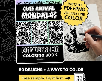 Cute Animal Mandalas Monochrome Coloring Book | One Color Guided Coloring Pages Printable PDF PNG | 50 Designs