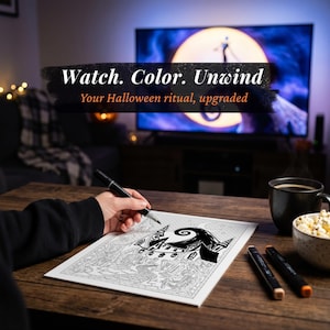 May include: A black marker held over a white coloring page featuring a detailed illustration of a spooky house and a large moon. The page includes the text Watch. Color. Unwind. Your Halloween ritual, upgraded. Two additional markers and a bowl of popcorn.