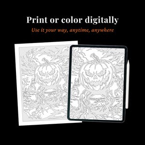 May include: A digital coloring page featuring a spooky pumpkin creature with tree-like limbs, displayed on a tablet screen and a printed sheet. The text reads: Print or color digitally. Use it your way, anytime, anywhere.