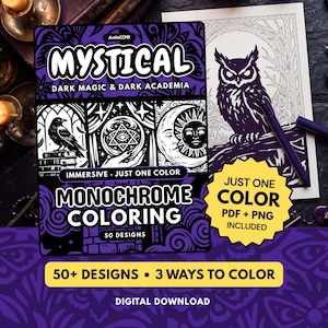 Mystical Monochrome Coloring Book, Dark Academia, Witchy, One Color Stress Relief Printable Pages PDF PNG (50 Designs)