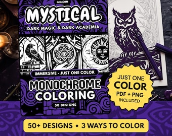 Mystisk monokrom målarbok, Dark Academia, Witchy, enfärgade stresslindring utskrivbara sidor PDF PNG (50 designer)